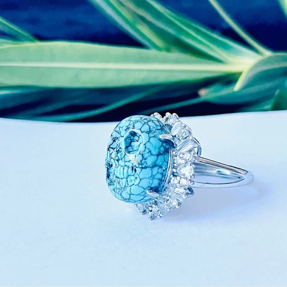 Hand-carved Natural Spiderweb Turquoise Skull Ring,Value For Money